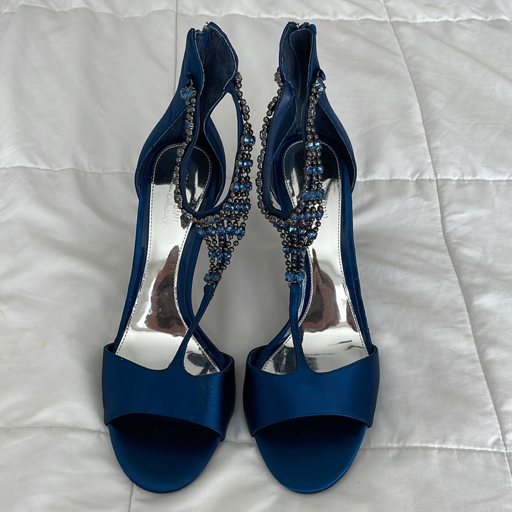 Navy Satin Heels w/zip up back